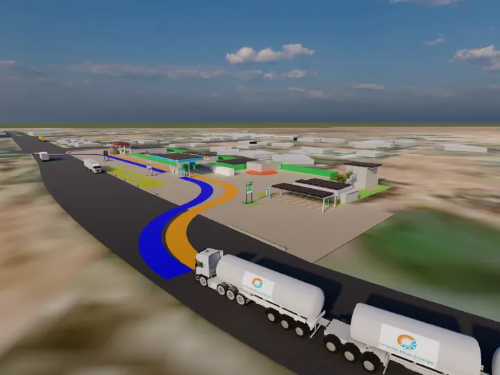 Hydrogen tanker trucks arriving at a refuelling site render